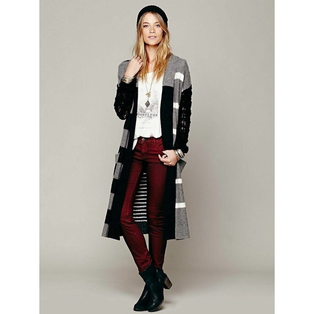 Free People Black Gray Striped Floral Knit Long Cardigan S | Boho Grunge Fairy - Picture 2 of 16